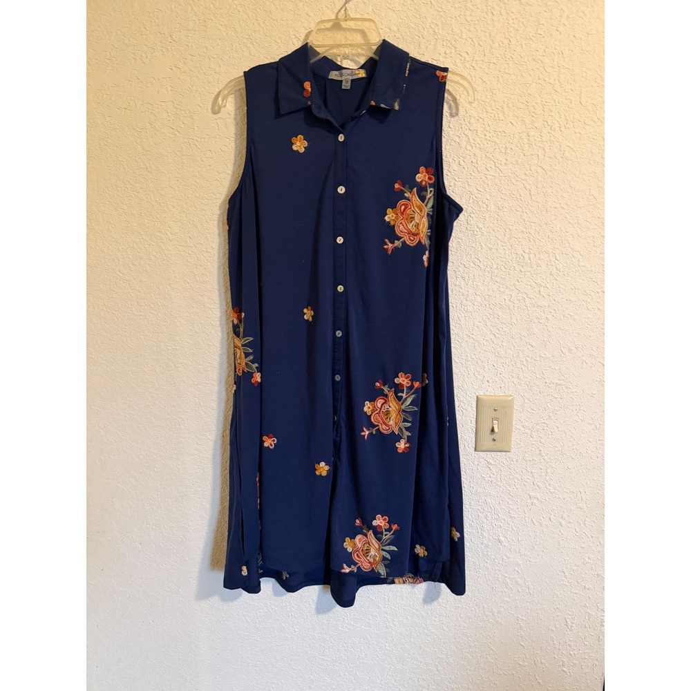 Figueroa & Flower Womens Navy Blue Floral Embroidered Sleeveless Shirt Dress M